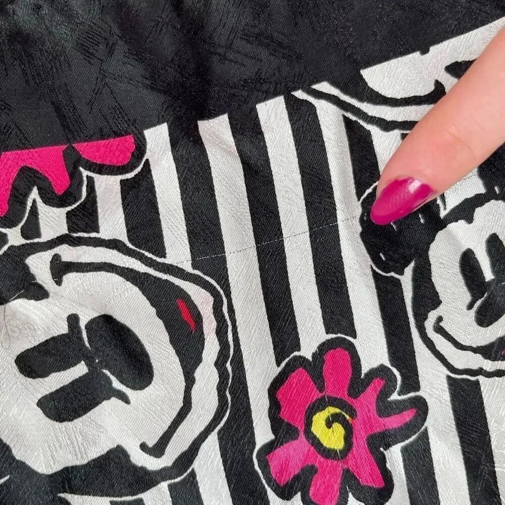 VTG Mickey Mouse Graphic Scarf Black White Pink Stripes 10x52 Disney Style